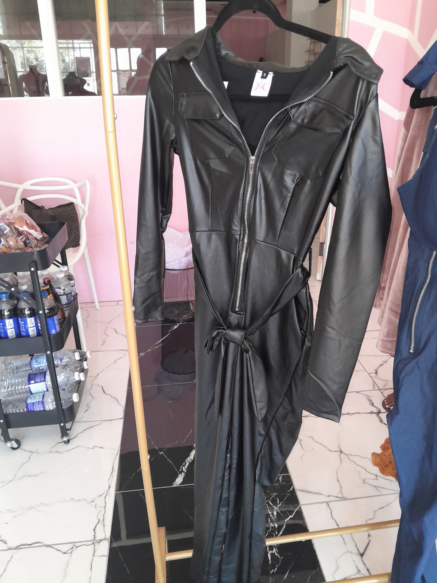 Black Leather Longsleeve Jumpsuit