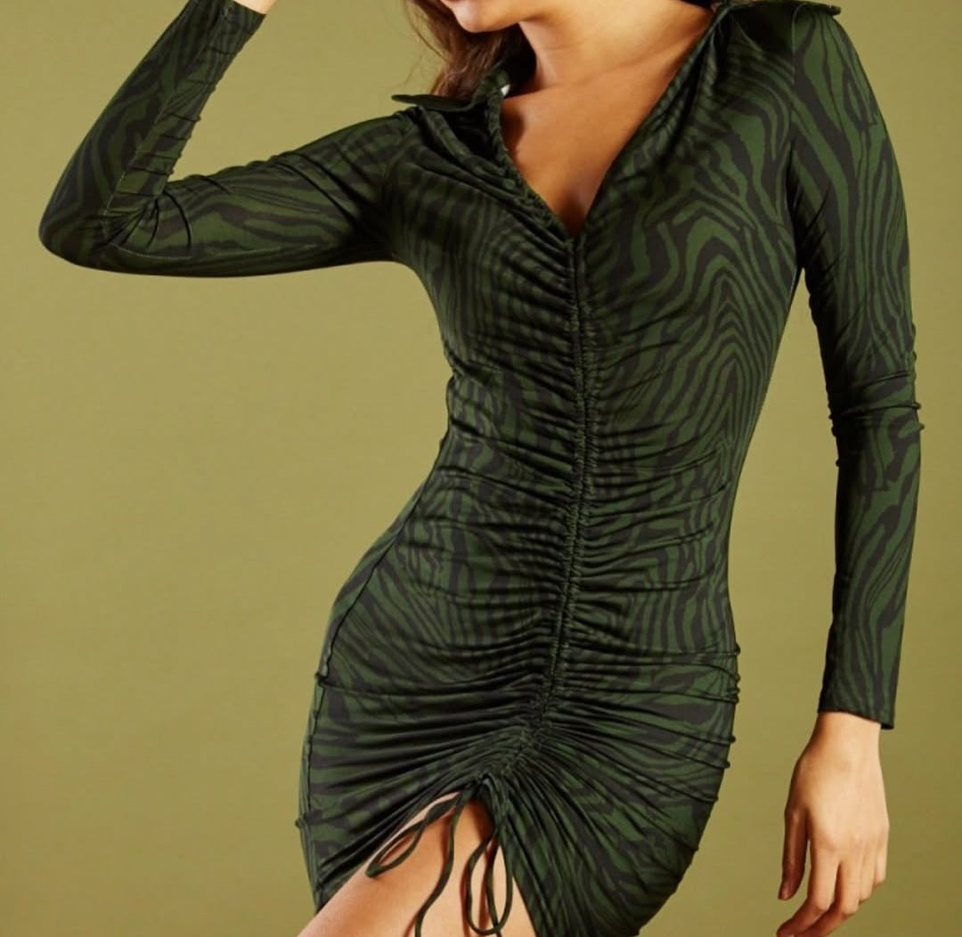 Green and black snake print drawstring dress