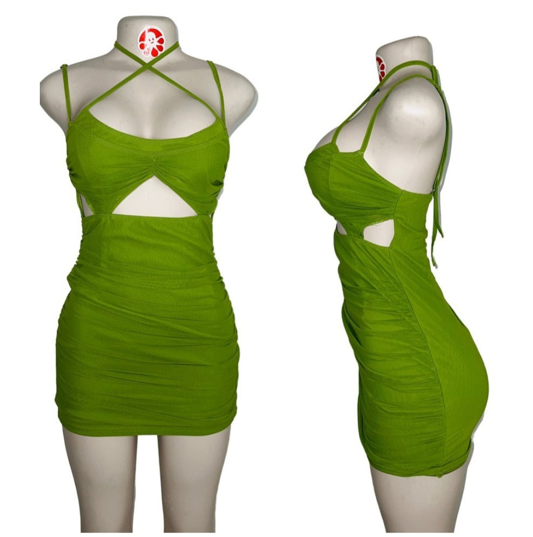 Green ruched mesh dress