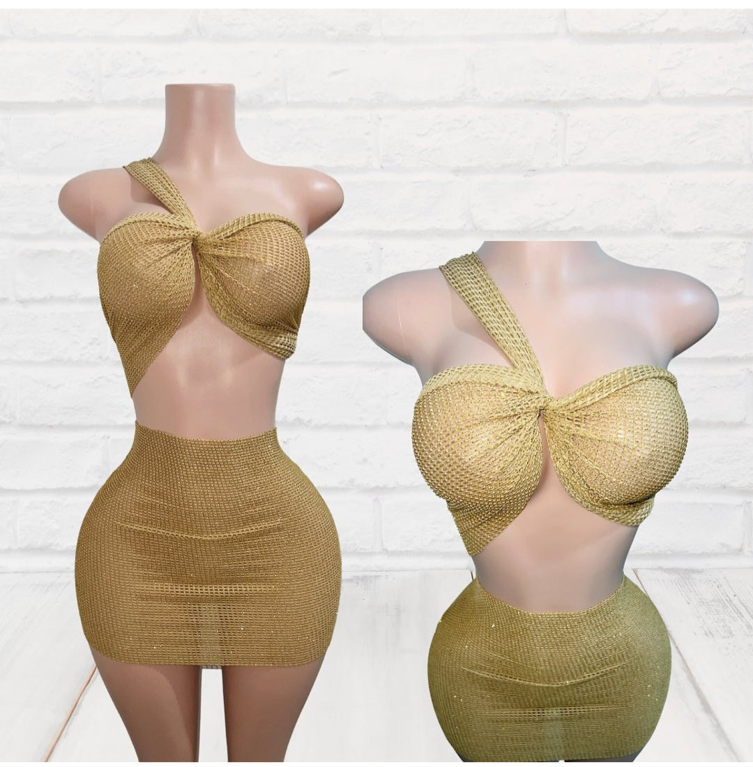 Gold mesh skirt suit